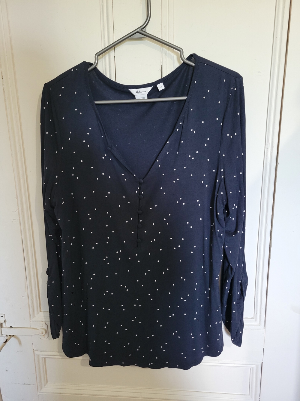 Reitmans Navy V-Neck Long Sleeve Top with White Dot Print